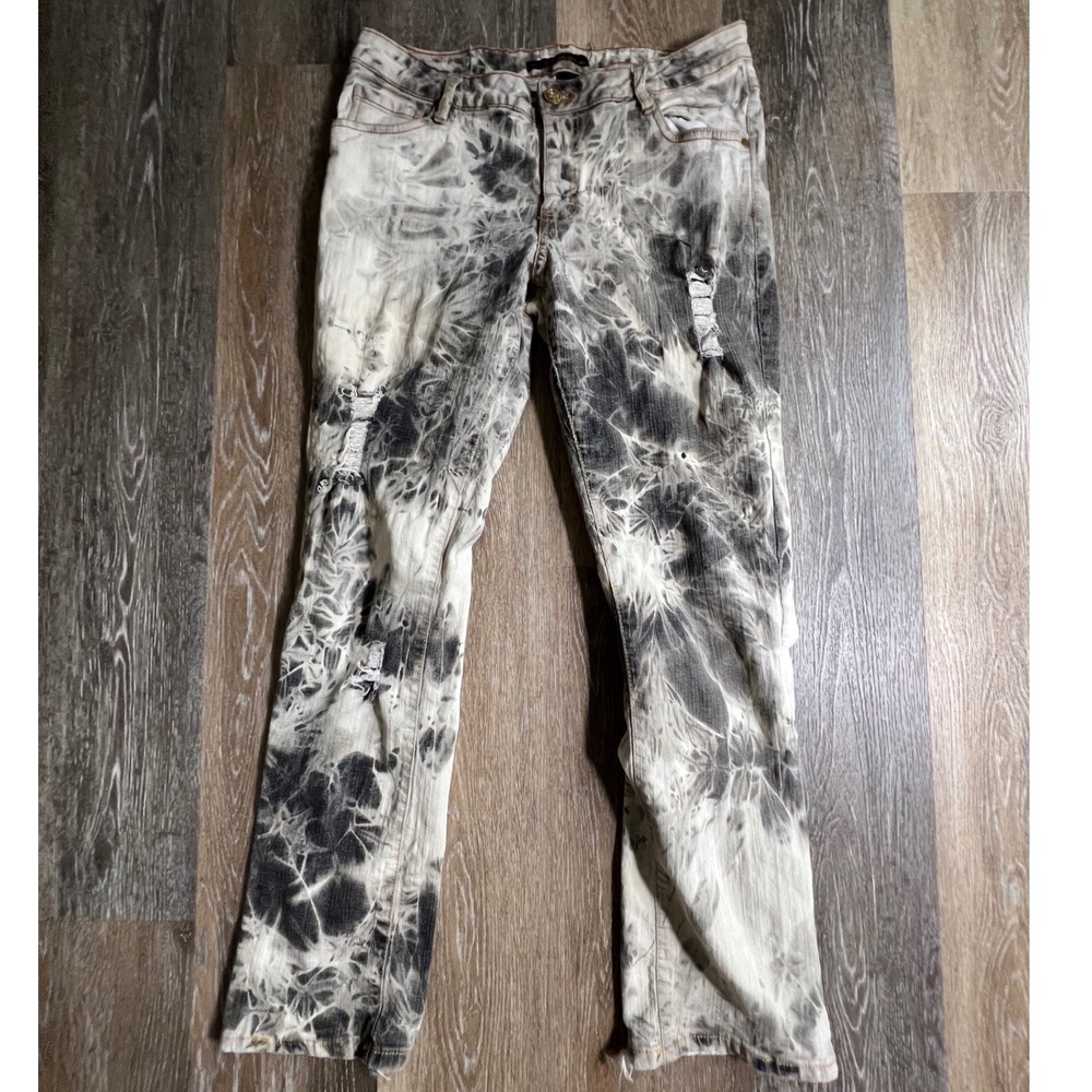Southpole Jeans Women 13 Black White Acid Wash Distressed Straight Leg Denim